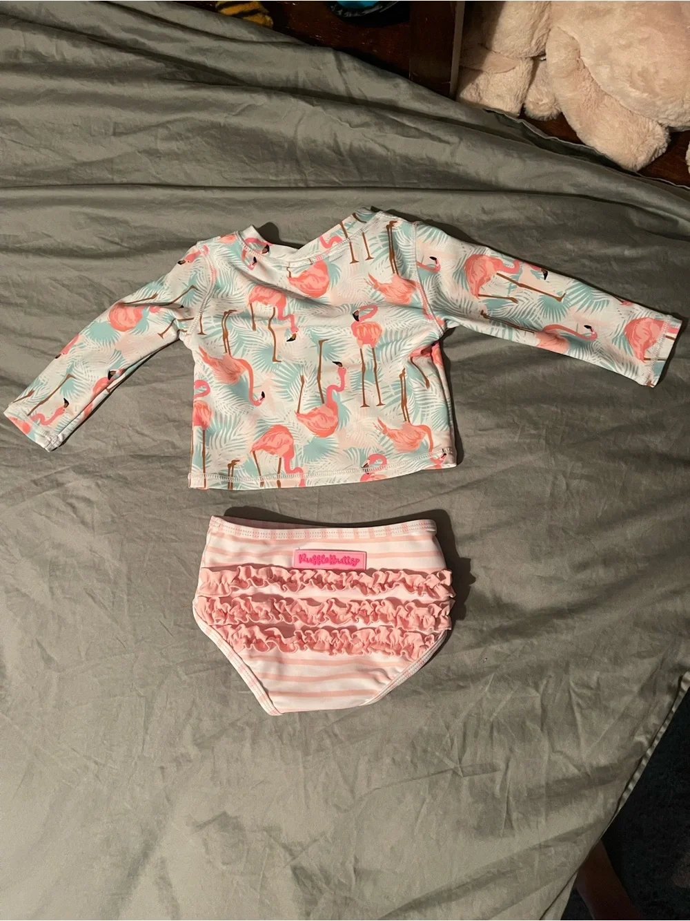 Ruffle Butts Pink Flamingo Long Sleeve Rash Guard Set - Pink and Teal